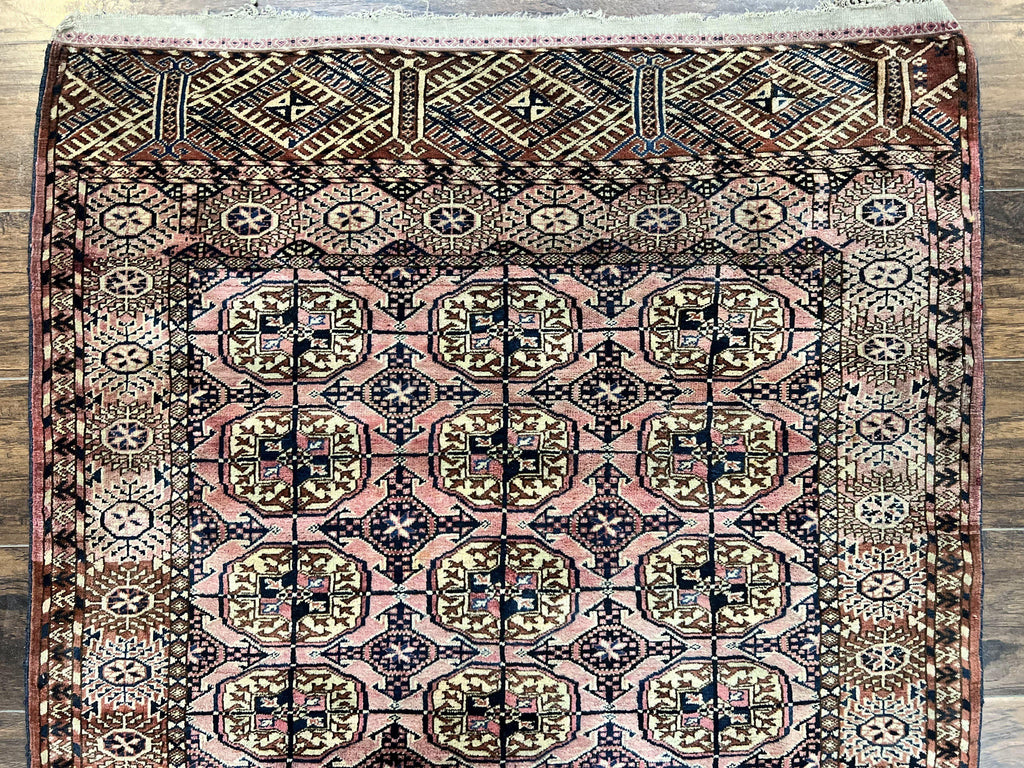 Persian Turkoman Rug 4x6, Wool Hand Knotted Antique Bokhara Carpet, Red Pink, Handmade Tribal Oriental Rug 4 x 6 ft