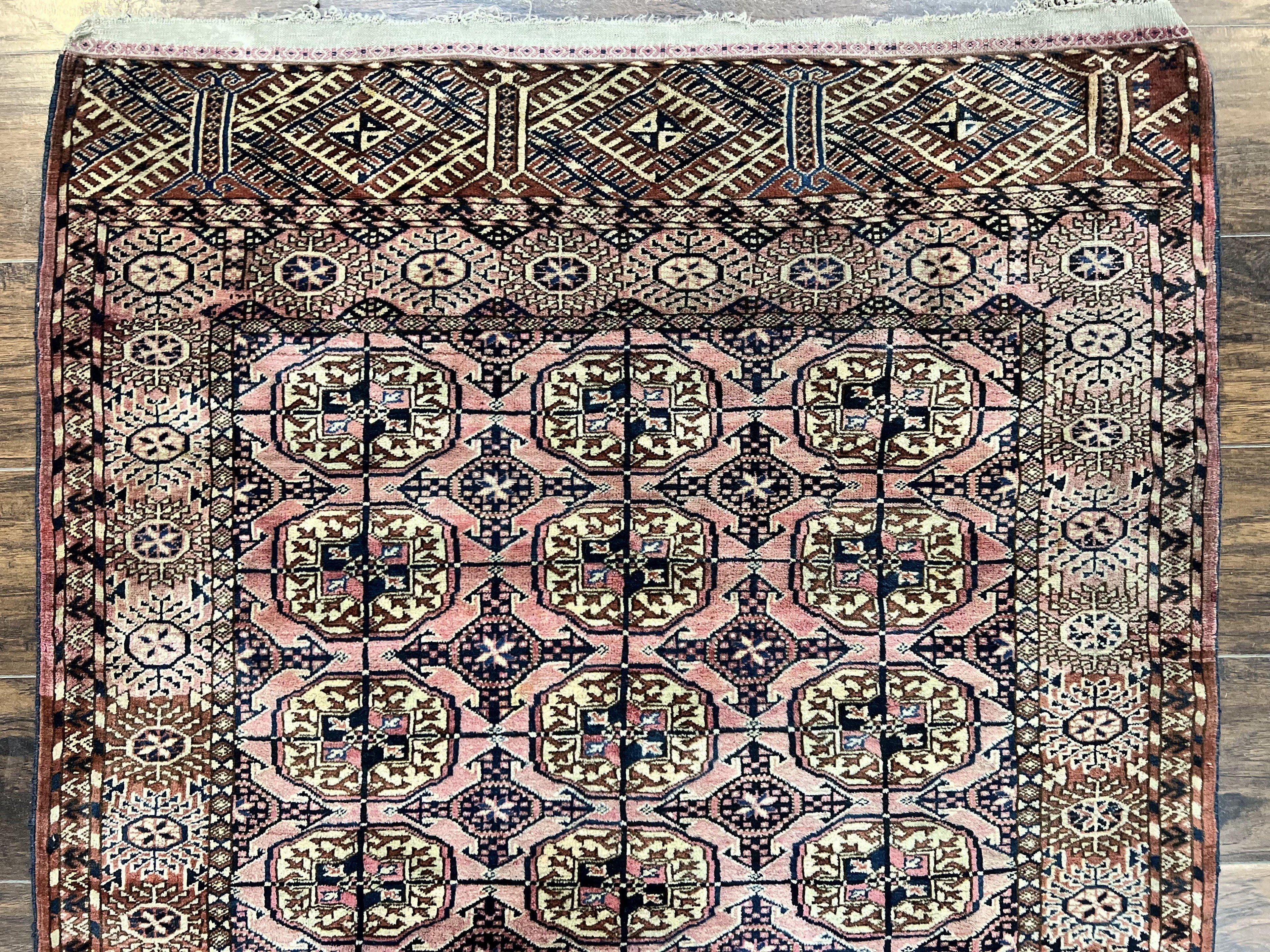 Persian Turkoman Rug 4x6, Wool Hand Knotted Antique Bokhara Carpet, Red Pink, Handmade Tribal Oriental Rug 4 x 6 ft