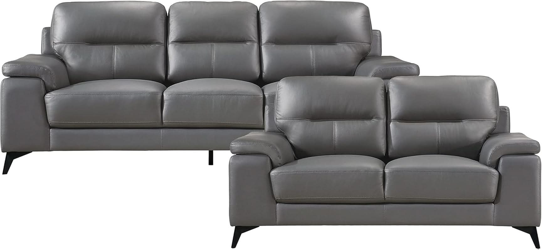 Top Grain Leather Two Piece Living Room Sofa Set Dark Gray