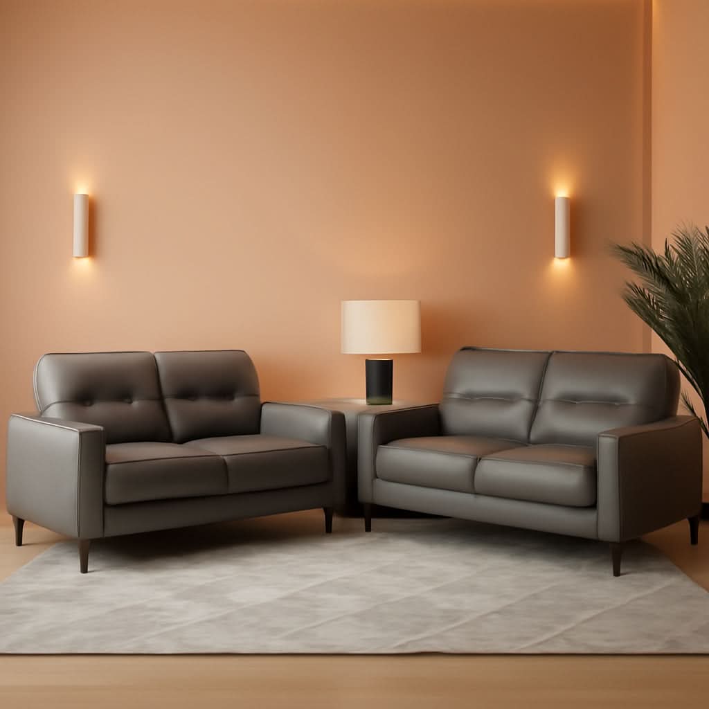 Top Grain Leather Two Piece Living Room Sofa Set Dark Gray