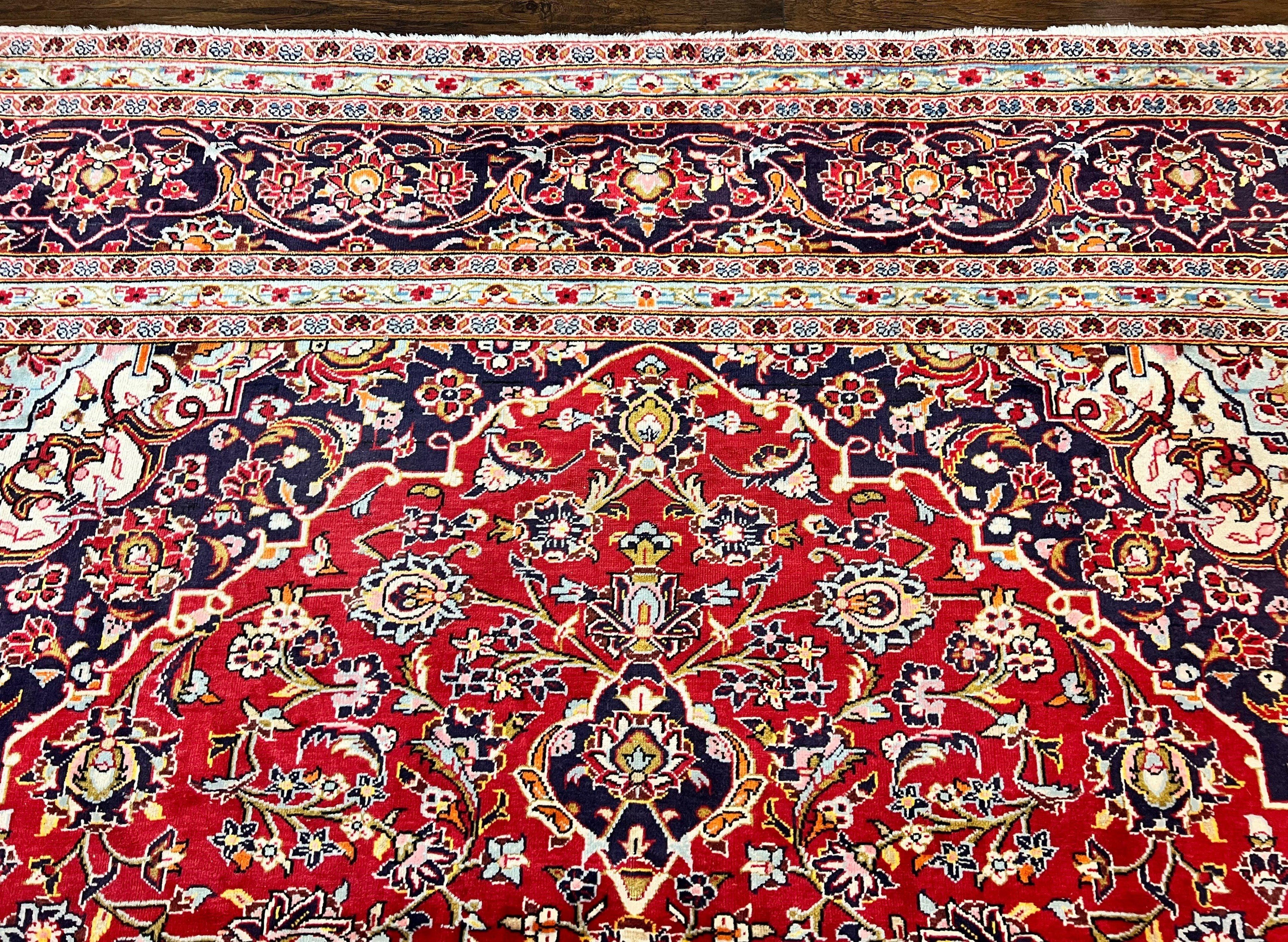 Persian Kashan Rug 10x13, Floral Medallion, Traditional Area Rug, Red Navy Blue Ivory, Handmade Semi Antique Vintage Wool Oriental Carpet 10 x 13