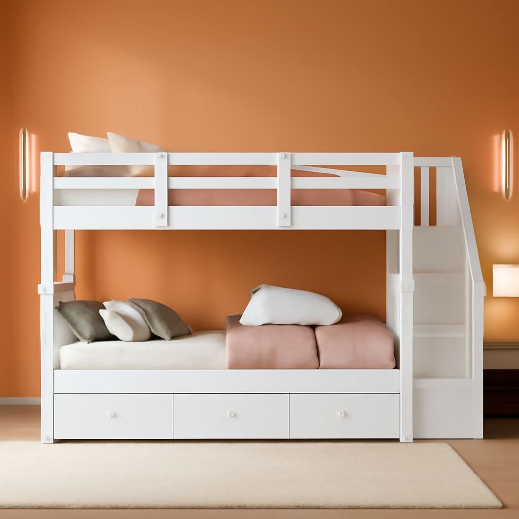 Twin Over Twin Bunk Bed With Stairs Guard Rail And Storage Drawers White