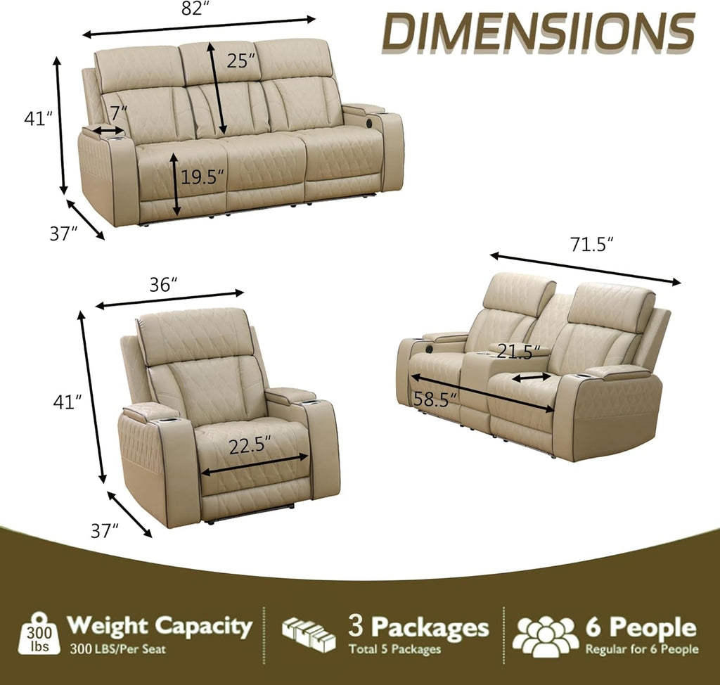 Khaki Premium Quality Leather Power Recliner Sofa USB Port