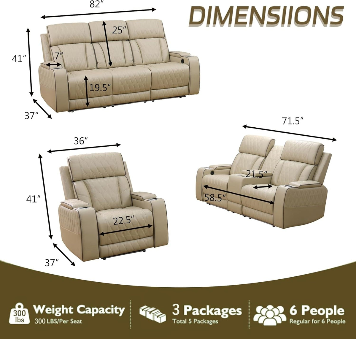 Khaki Premium Quality Leather Power Recliner Sofa USB Port