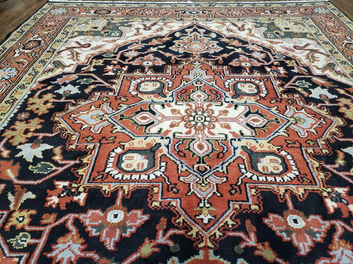 Vintage Indo Heriz Area Rug 8x10, Indo Persian Carpet 8 x 10, Red Dark Blue & Beige/Cream Indian Rug, Decorative Pattern, Wool, Hand-Knotted