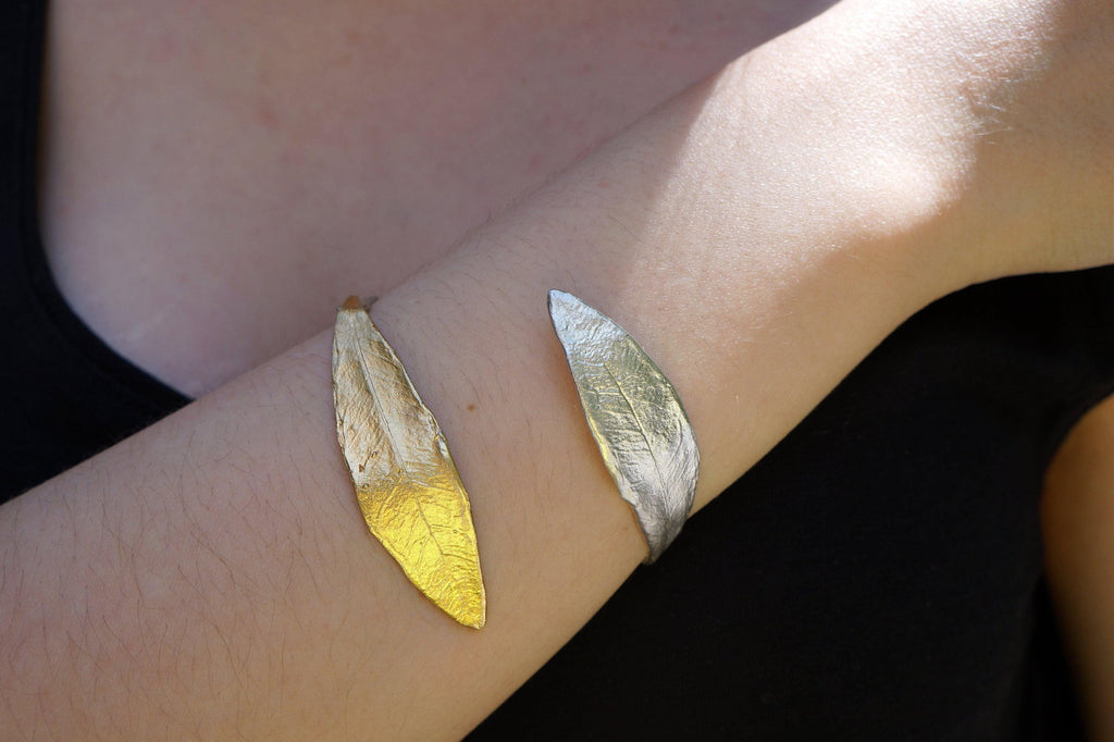 Gold Olive Leaf Bracelet, Handmade Nature Jewelry, Gold-Silver Cuff, Gift for Her, Birthday Gift for Women, Sterling Silver 925