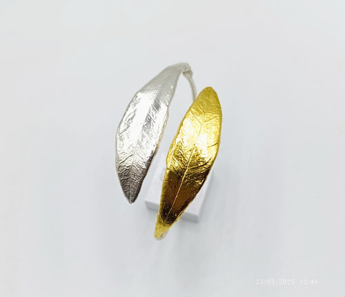 Gold Olive Leaf Bracelet, Handmade Nature Jewelry, Gold-Silver Cuff, Gift for Her, Birthday Gift for Women, Sterling Silver 925